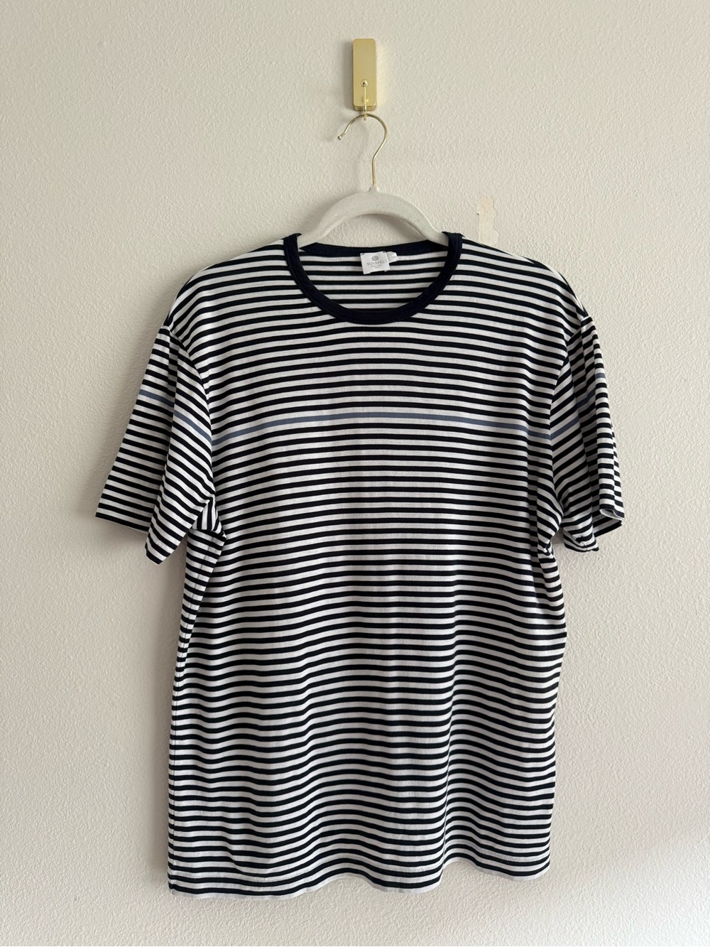 Sunspel Classic cotton T-shirt Crew Neck Navy striped Men's Sz L